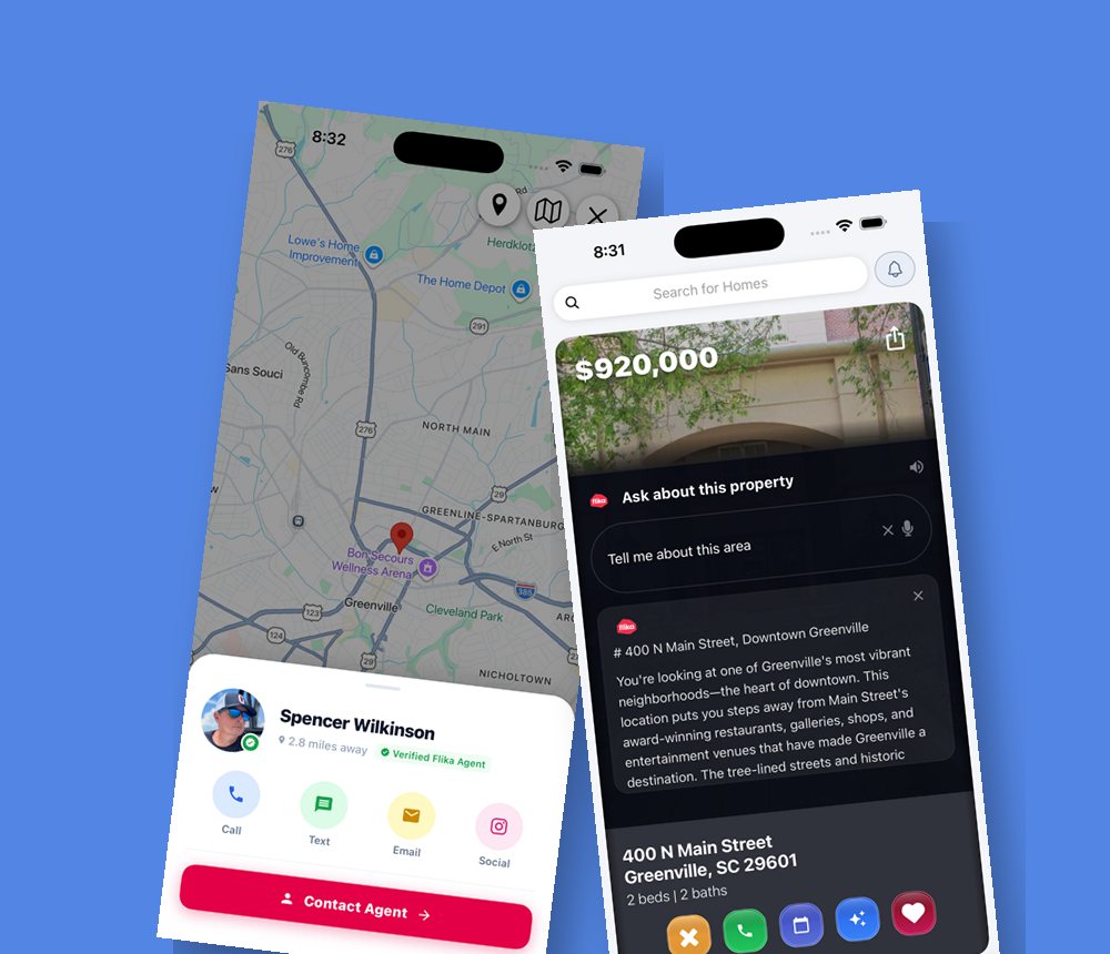 Two Flika real-estate app screens on blue