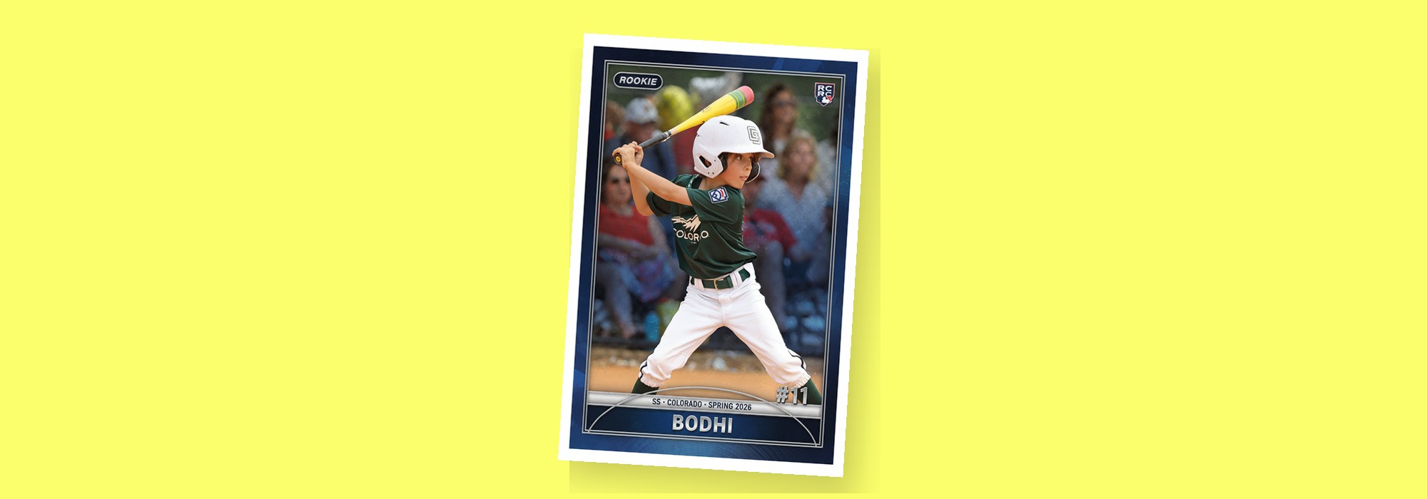 A foil Get Rookie Cards trading card on bright yellow